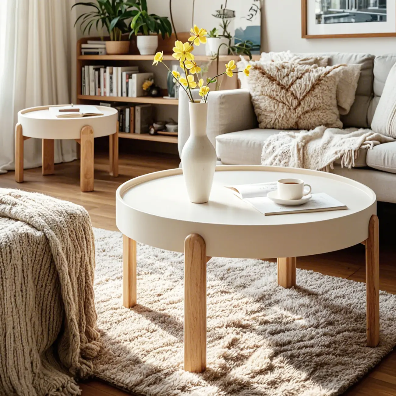 Minimalistic Beige Wood Round Coffee Table with Tray Top   Image - 4 | homeyfad