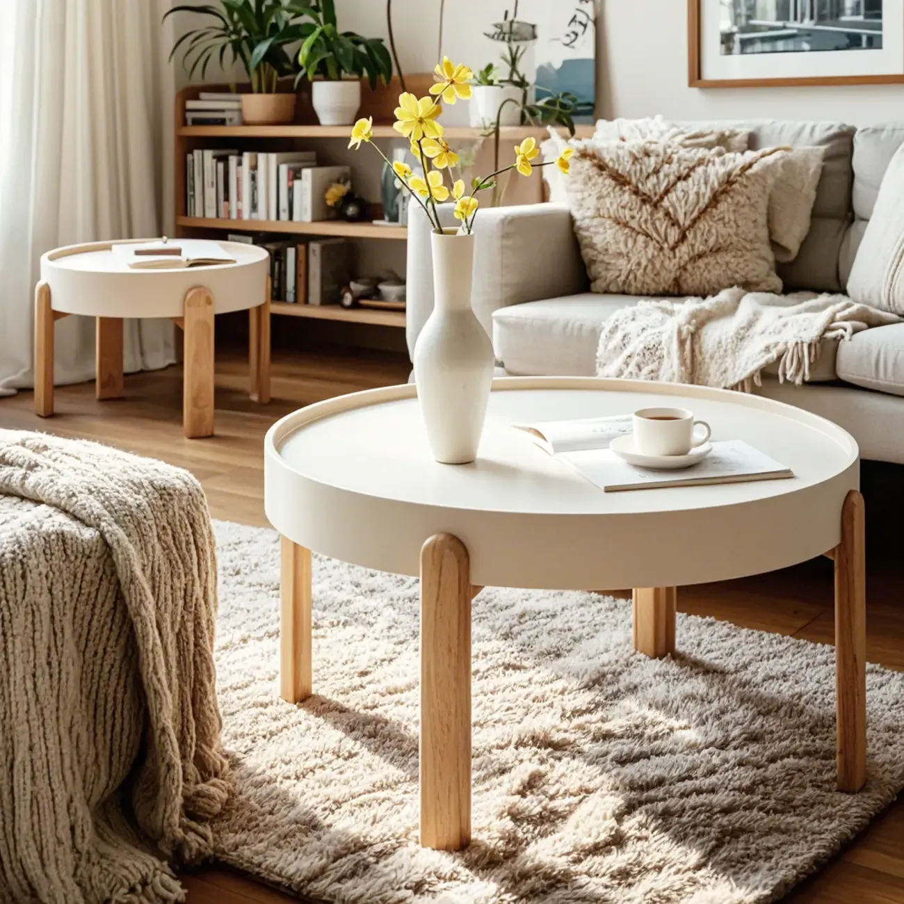 Minimalistic Beige Wood Round Coffee Table with Tray Top Image - 4