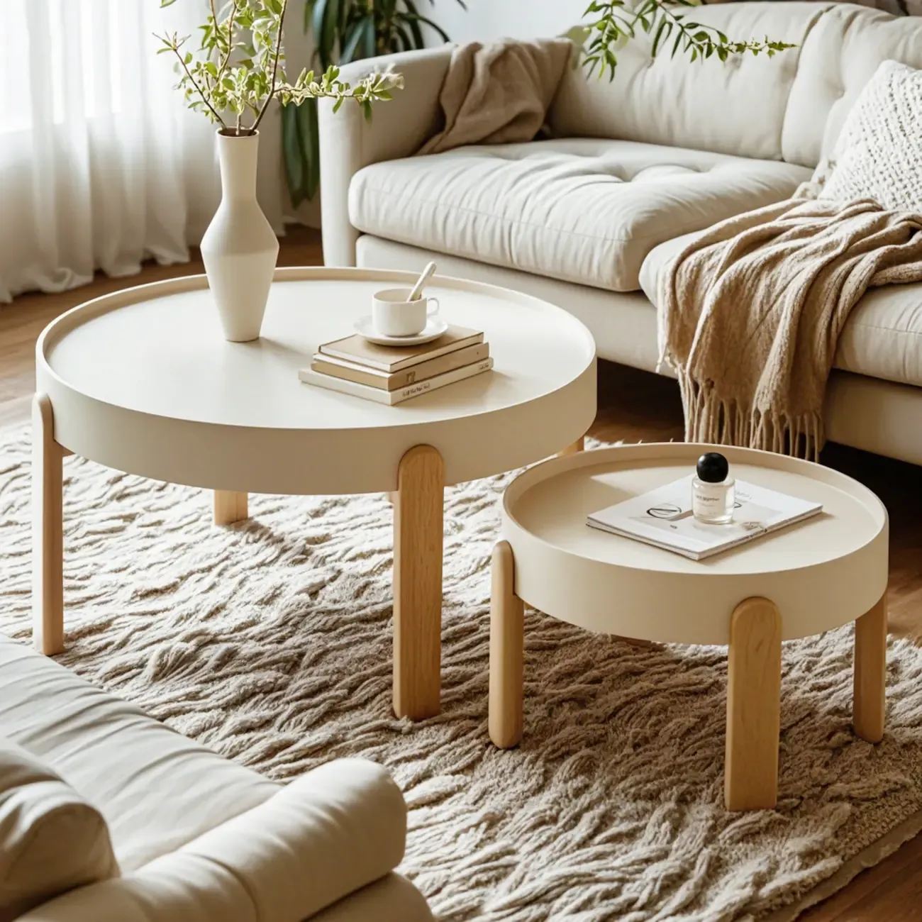 Minimalistic Beige Wood Round Coffee Table with Tray Top Image - 5