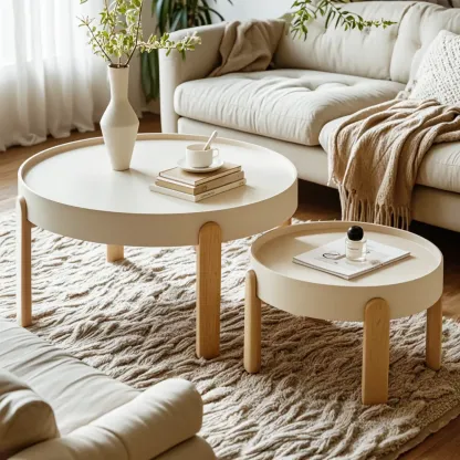 Minimalistic Beige Wood Round Coffee Table with Tray Top   Image - 5