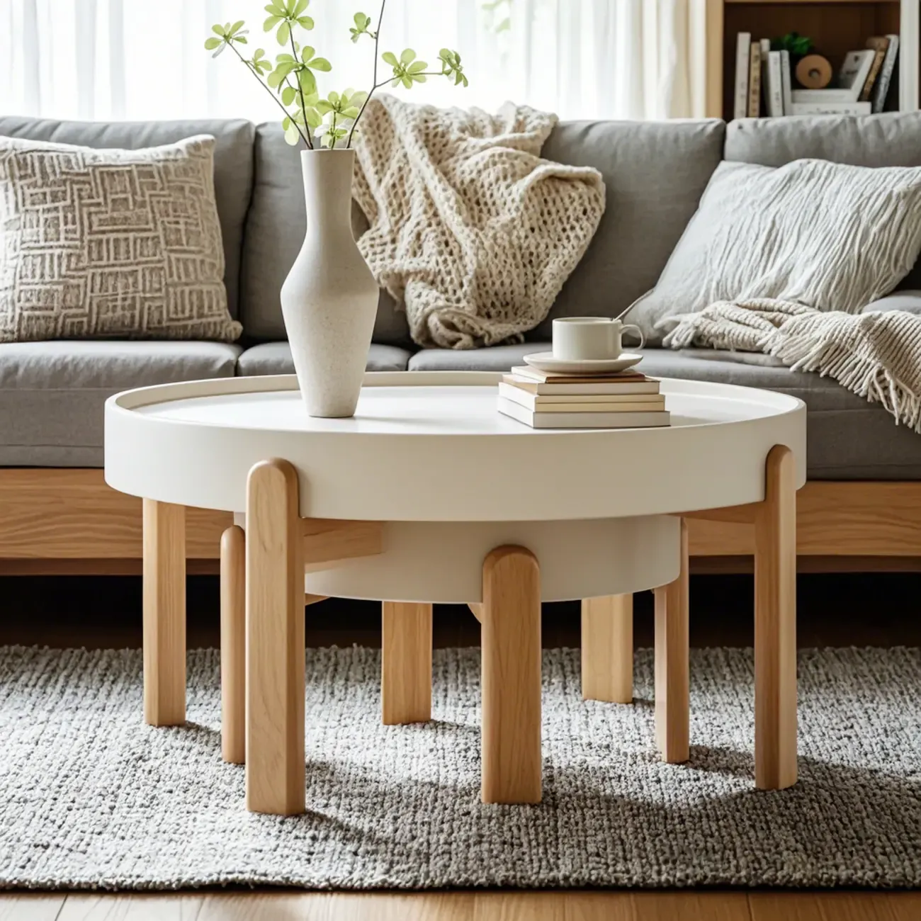 Minimalistic Beige Wood Round Coffee Table with Tray Top Image - 6
