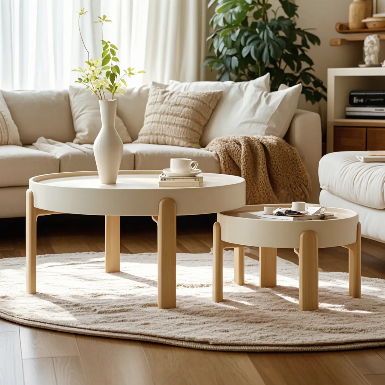 Minimalistic Beige Wood Round Coffee Table with Tray Top   Image - 7 | homeyfad