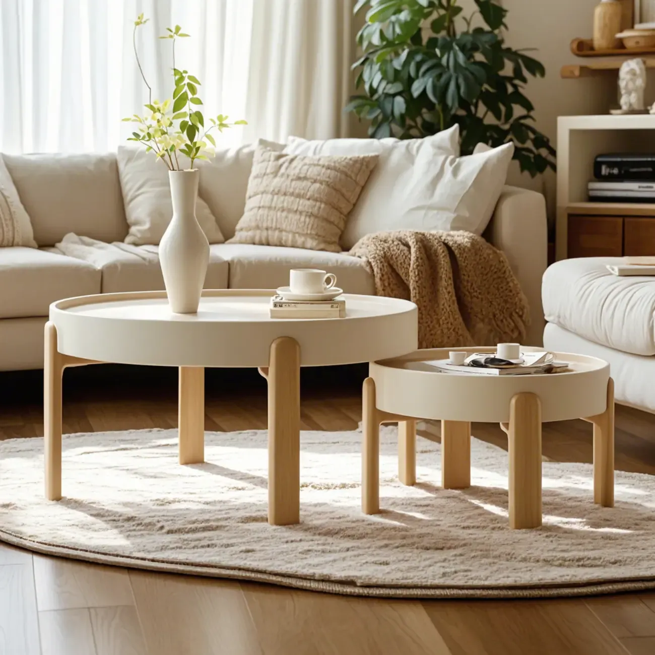 Minimalistic Beige Wood Round Coffee Table with Tray Top Image - 7