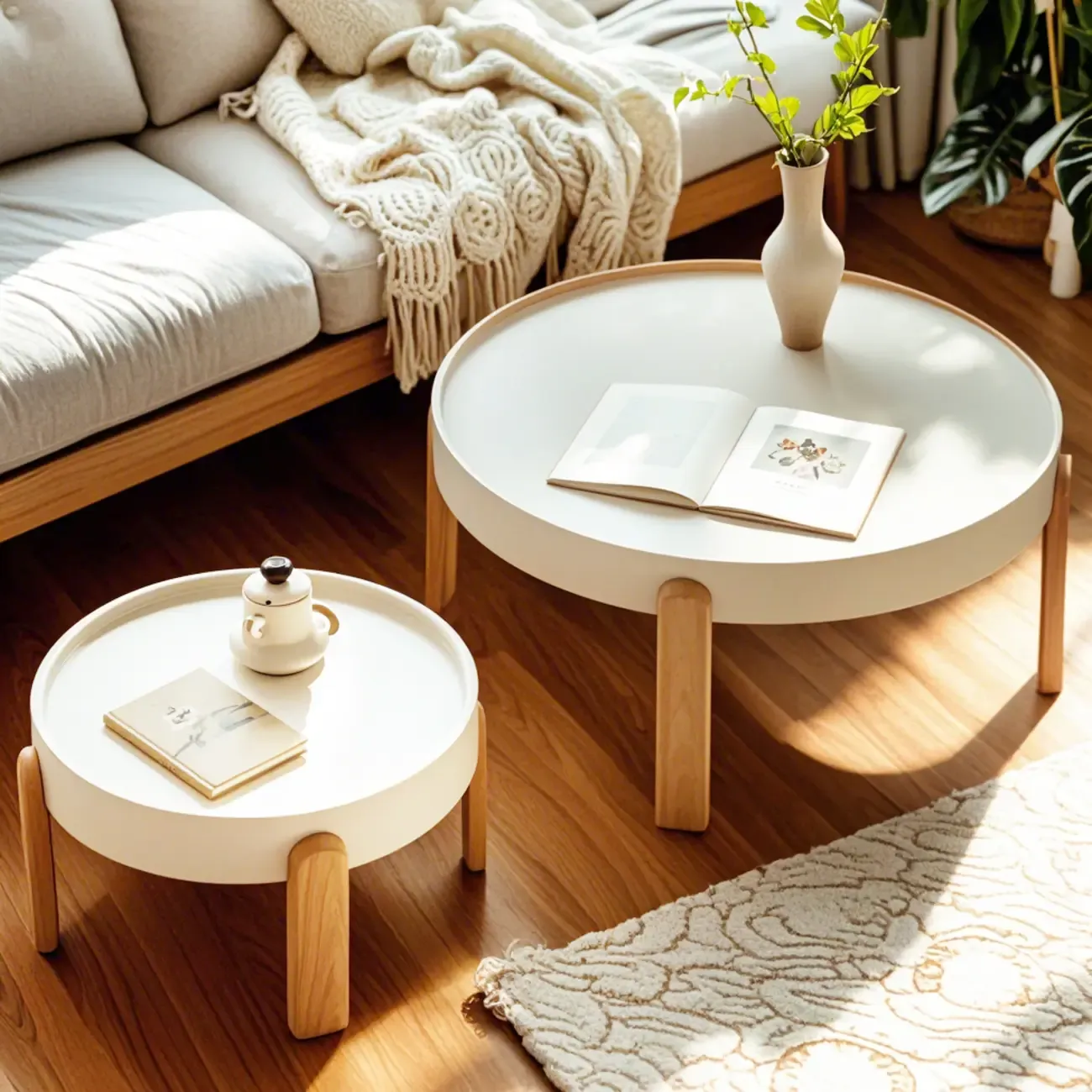 Minimalistic Beige Wood Round Coffee Table with Tray Top Image - 10