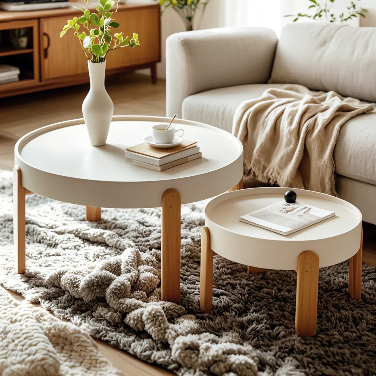 Minimalistic Beige Wood Round Coffee Table with Tray Top   Image - 11 | homeyfad