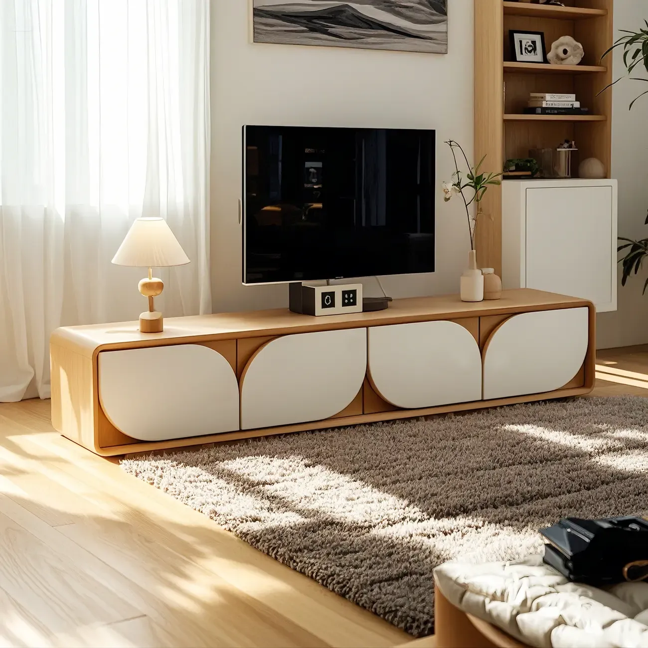 Traditional Wooden TV Stand with Storage and Cable Management Image - 3