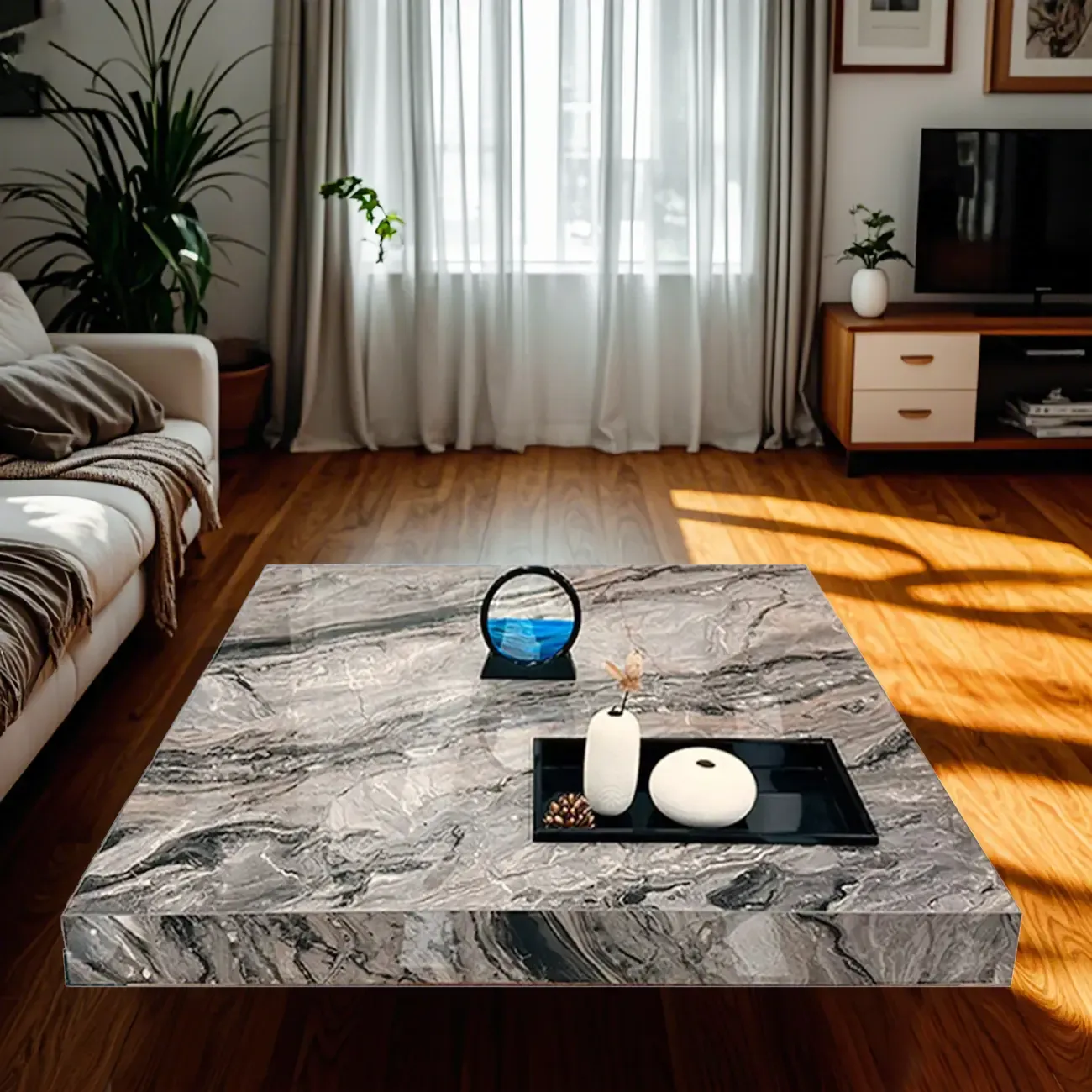 Modern Grey Square Coffee Table with Stainless Steel Base Image - 3