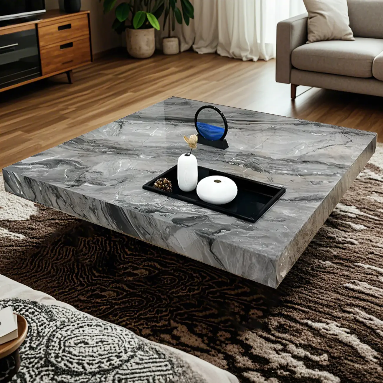 Modern Grey Square Coffee Table with Stainless Steel Base Image - 12 | homeyfad