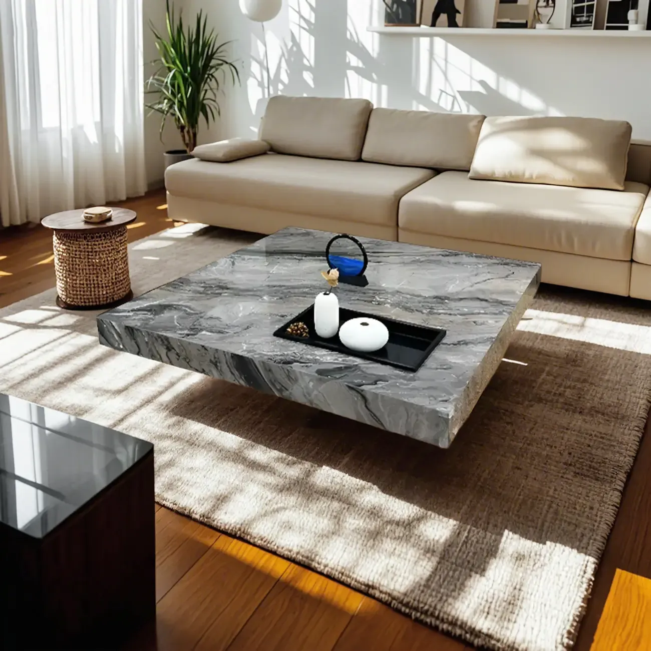 Modern Grey Square Coffee Table with Stainless Steel Base Image - 13