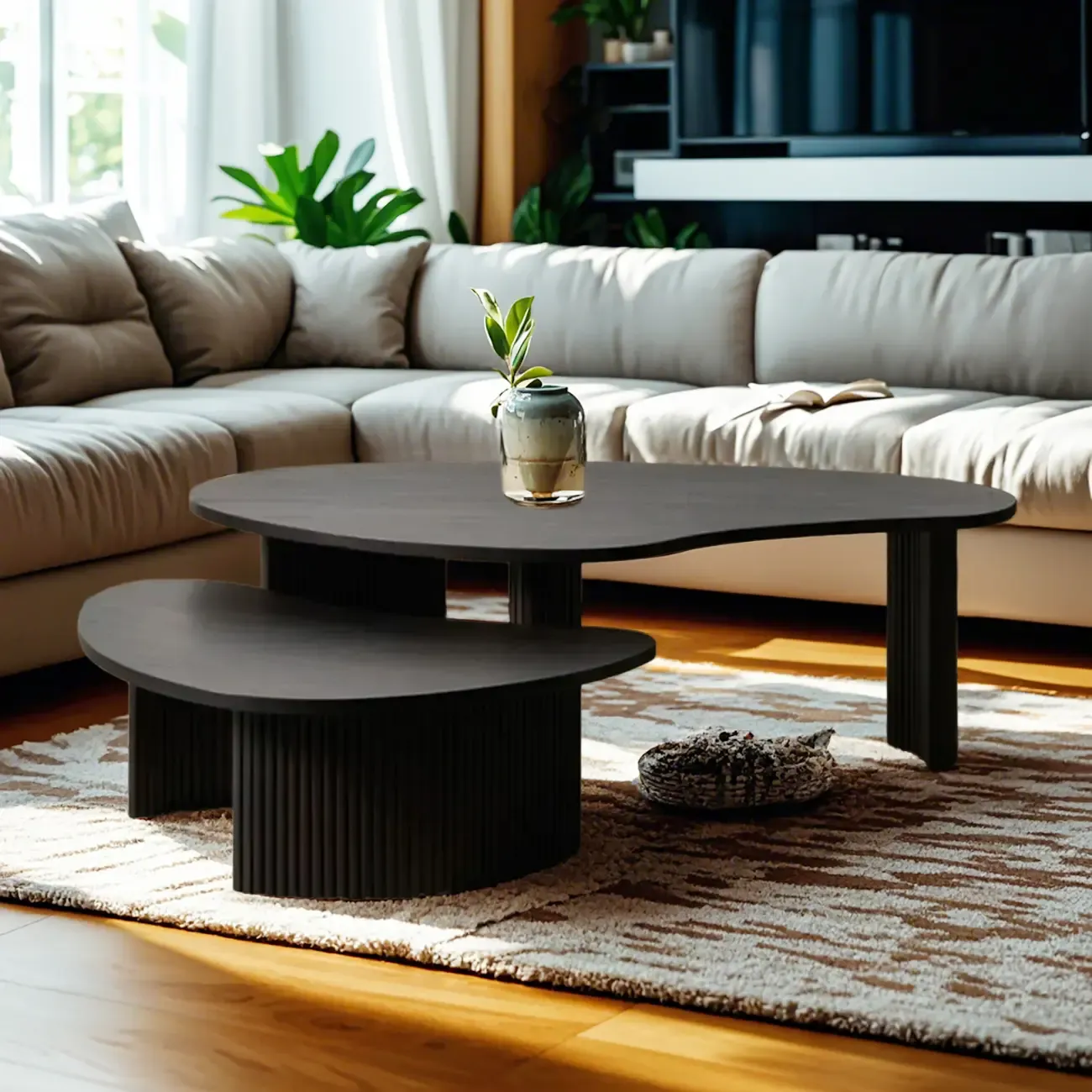 Contemporary Wooden Black Unique Shape Coffee Table Image - 1