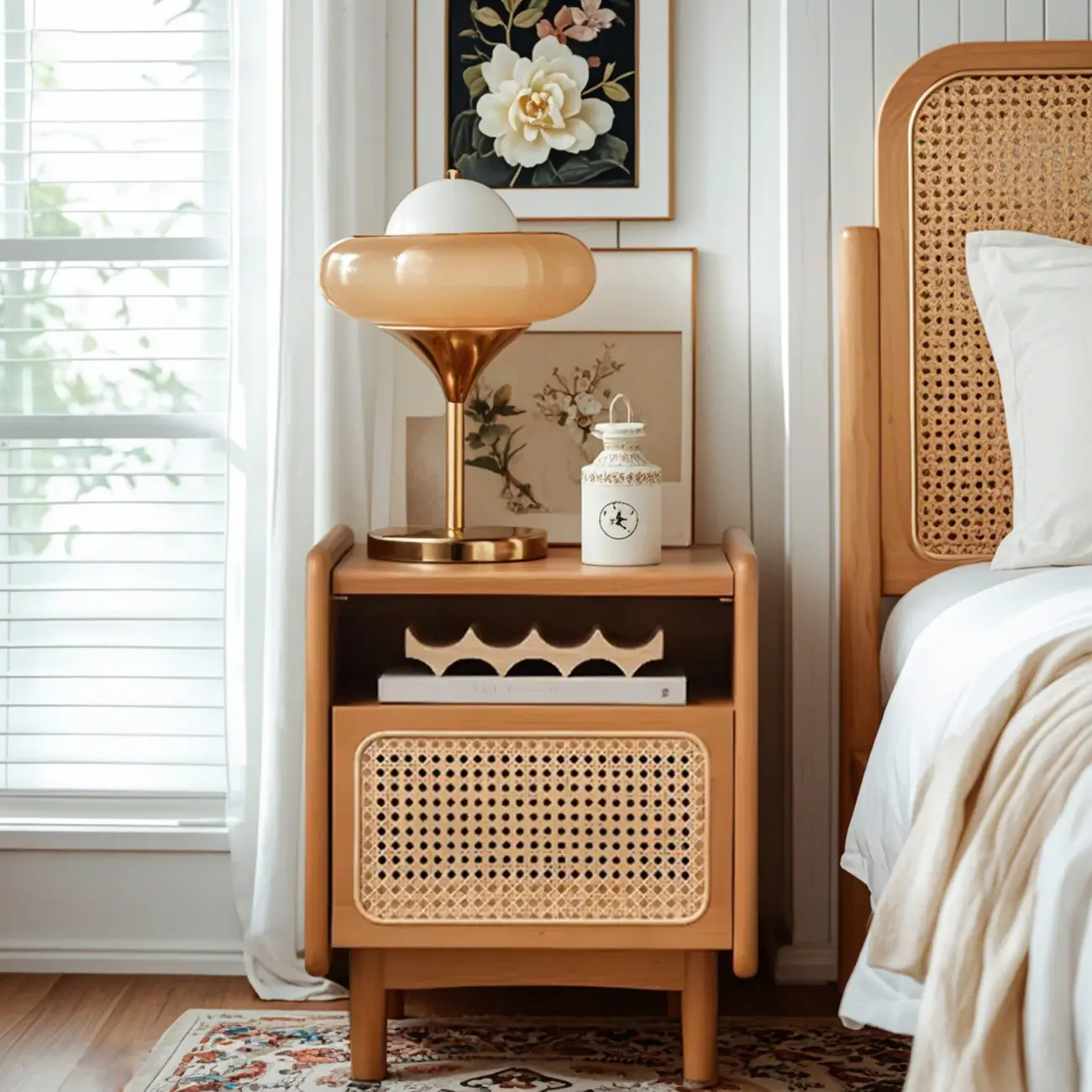 Rustic Wood Bedside Table with Rattan Drawer and Open Storage Image - 1 | homeyfad
