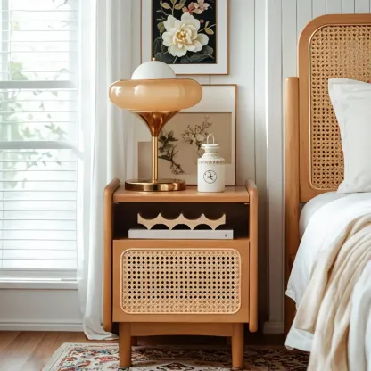 Rustic Wood Bedside Table with Rattan Drawer and Open Storage Image - 1