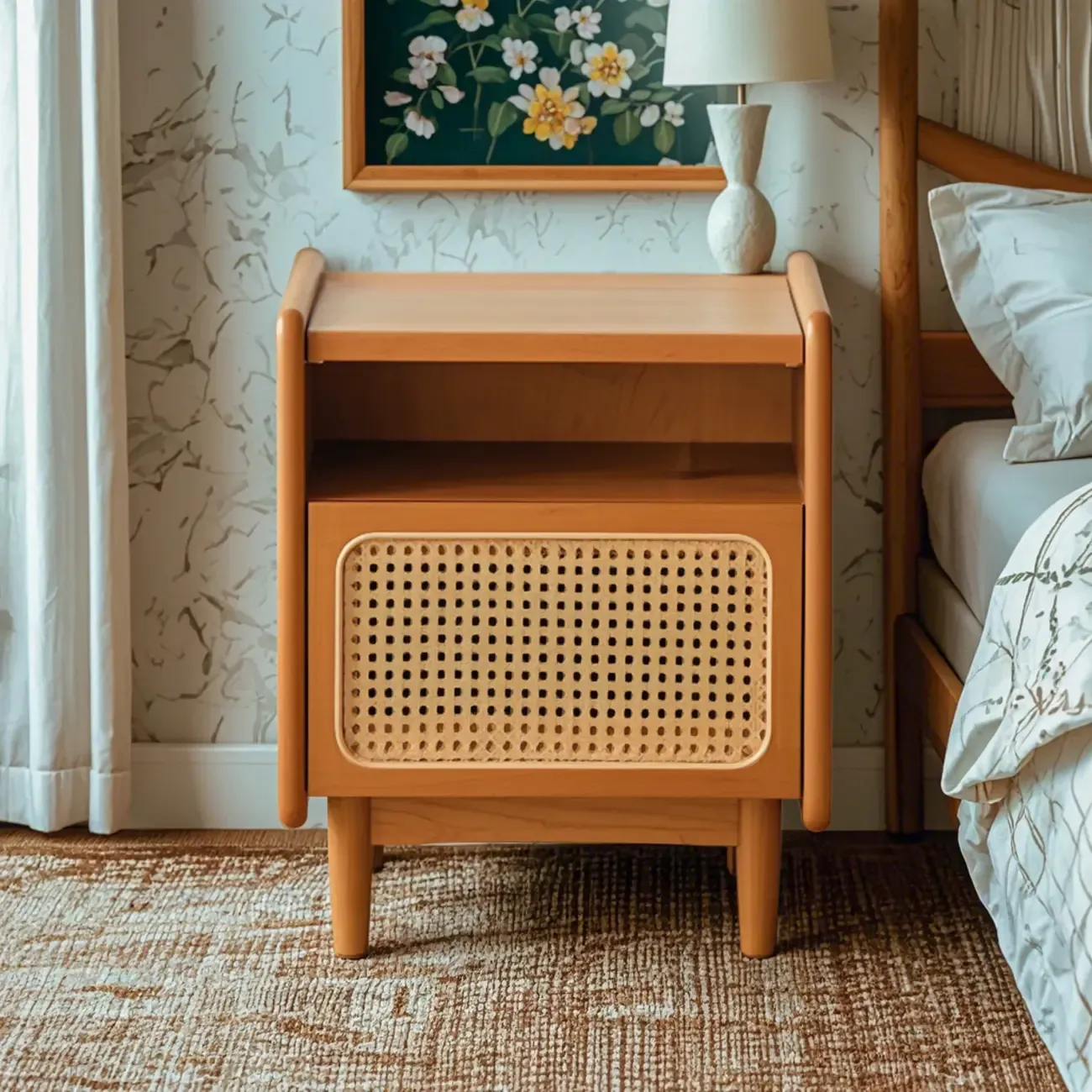 Rustic Wood Bedside Table with Rattan Drawer and Open Storage Image - 4