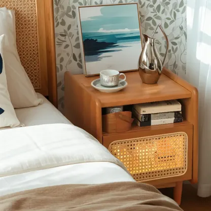 Rustic Wood Bedside Table with Rattan Drawer and Open Storage Image - 2