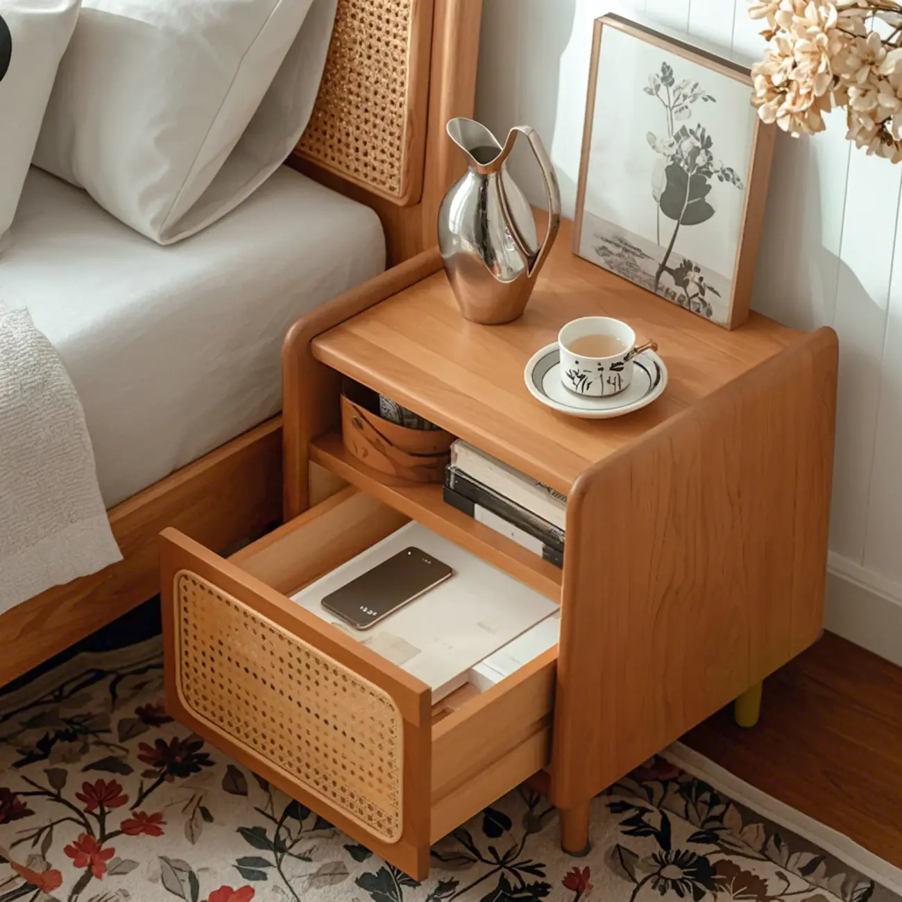Rustic Wood Bedside Table with Rattan Drawer and Open Storage Image - 3 | homeyfad