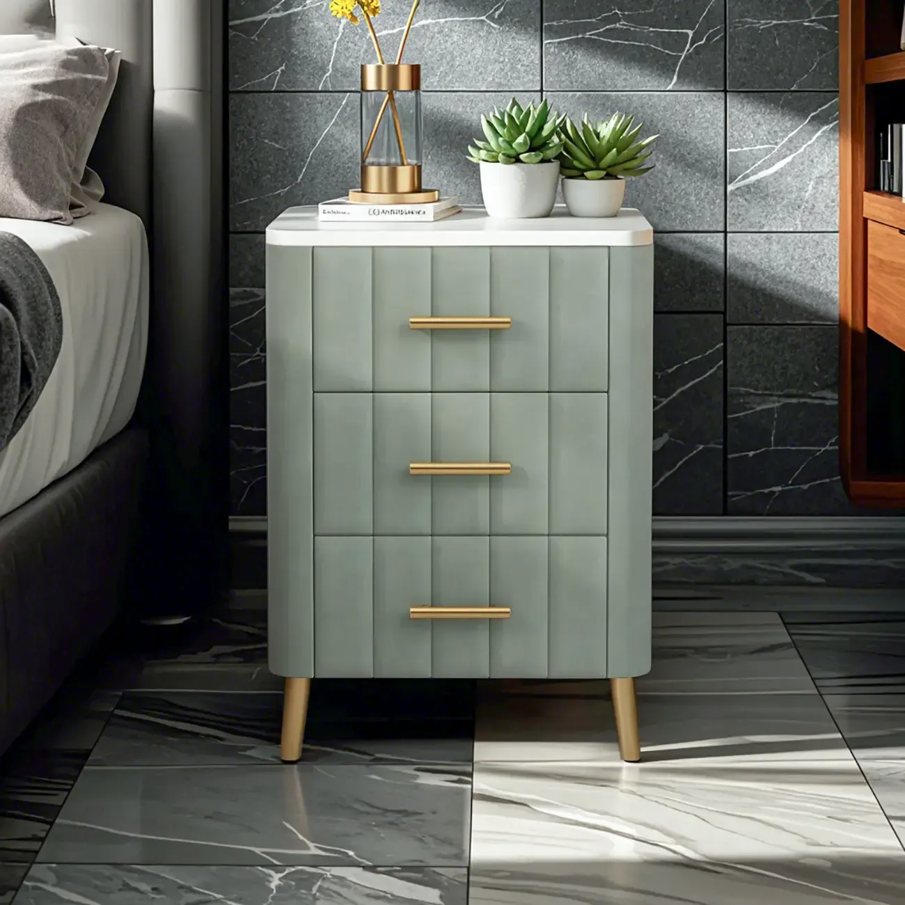 Glam Pink Leather Bedside Table with Marble Top 3 Drawers Image - 6