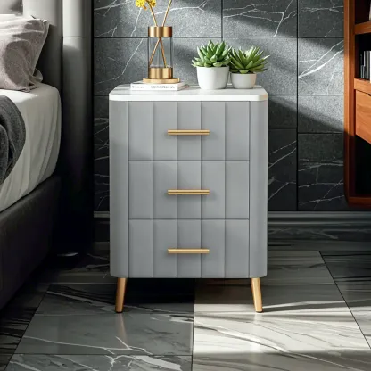 Glam Pink Leather Bedside Table with Marble Top 3 Drawers Image - 1