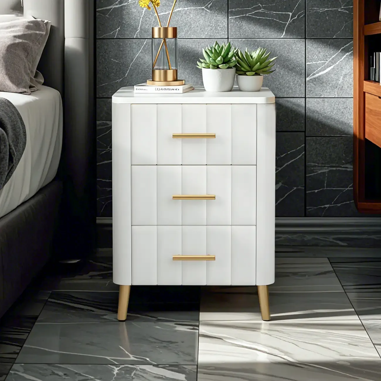 Glam Pink Leather Bedside Table with Marble Top 3 Drawers Image - 4