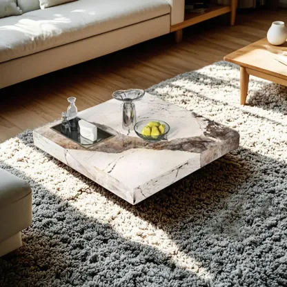 Modern Elegant White Square Coffee Table with Silver Base Image - 3