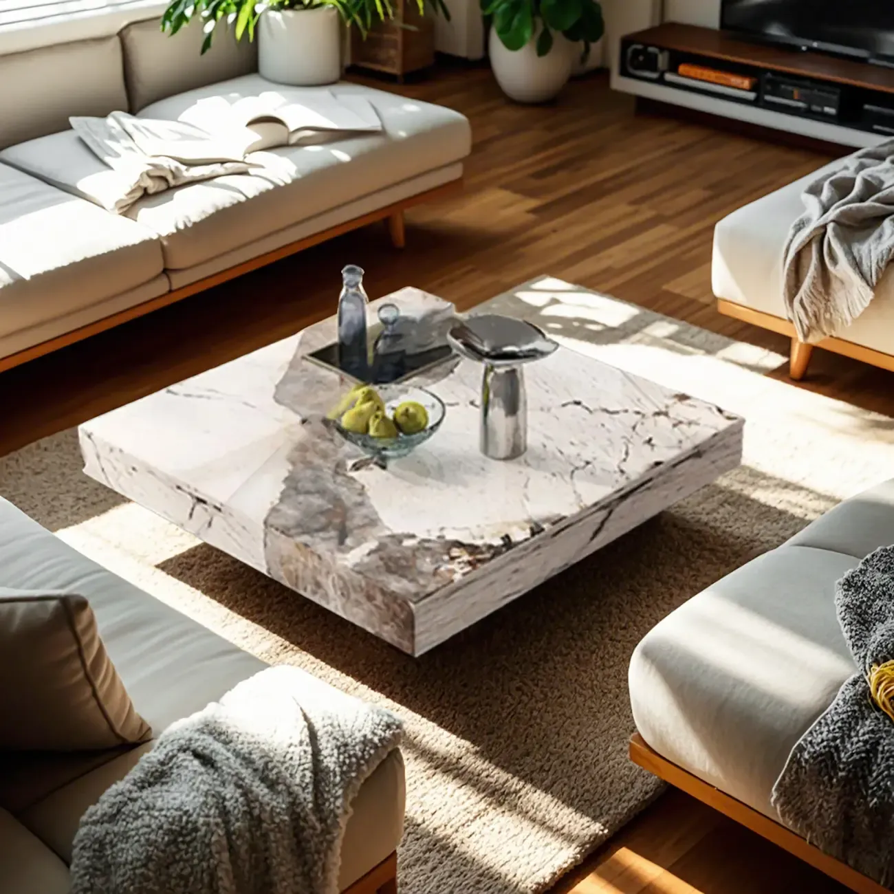 Modern Elegant White Square Coffee Table with Silver Base Image - 4