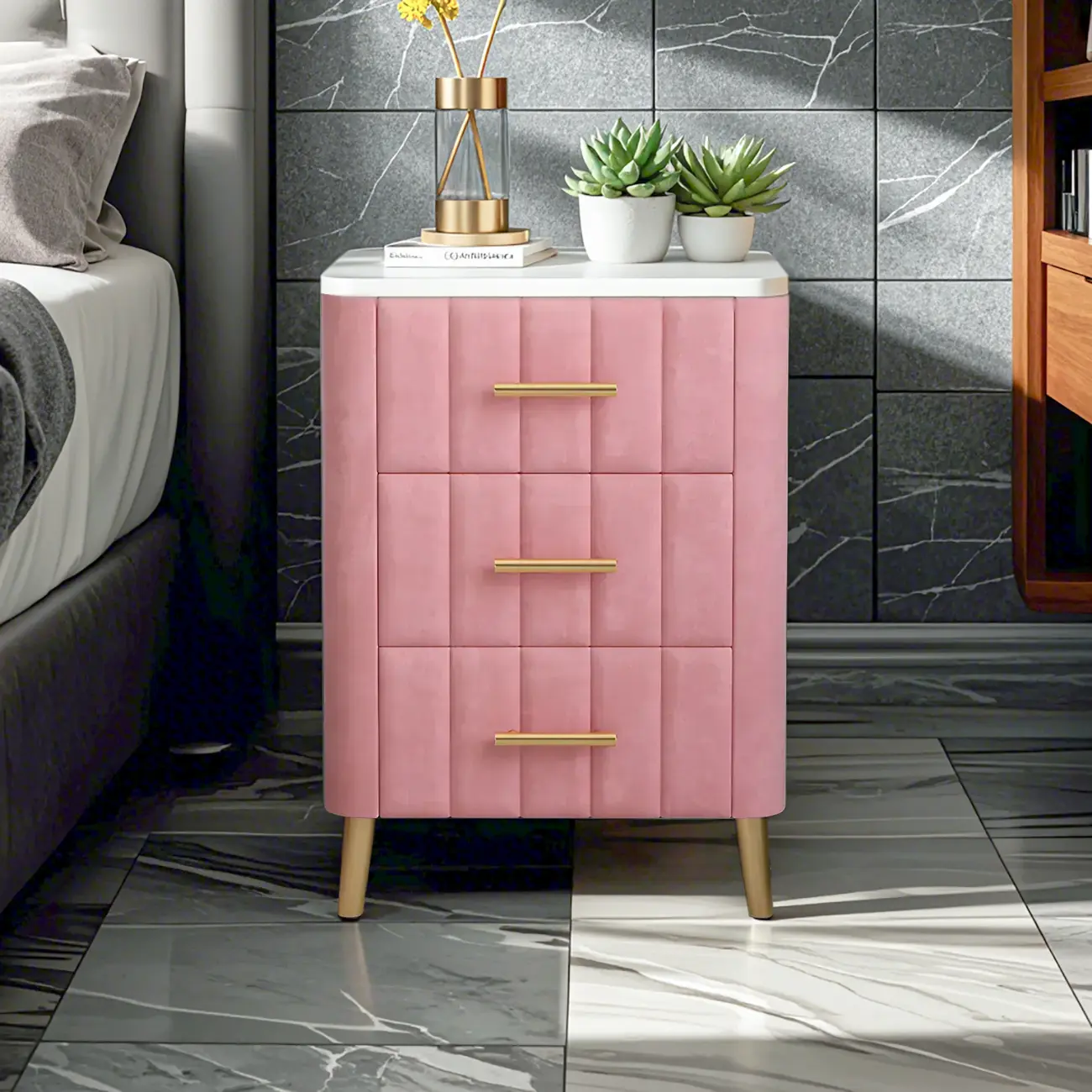 Glam Pink Leather Bedside Table with Marble Top 3 Drawers Image - 5 | homeyfad