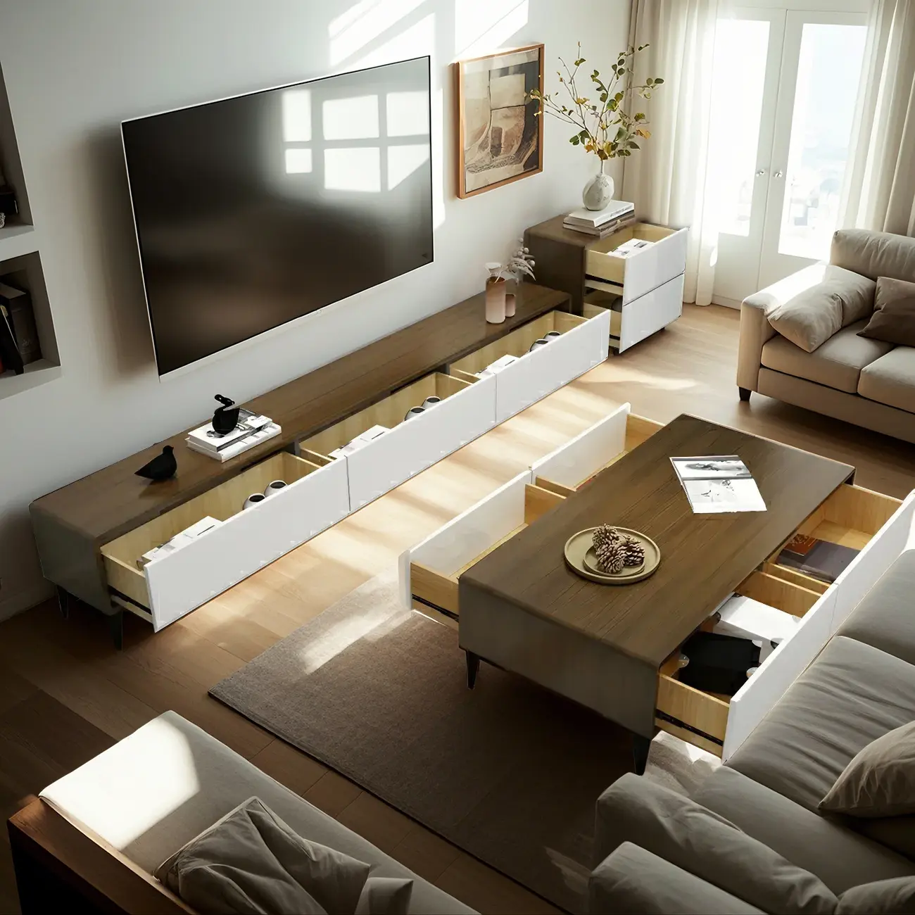 Modern Brown Wooden TV Stand with 3-Drawers for Living Room Image - 3 | homeyfad