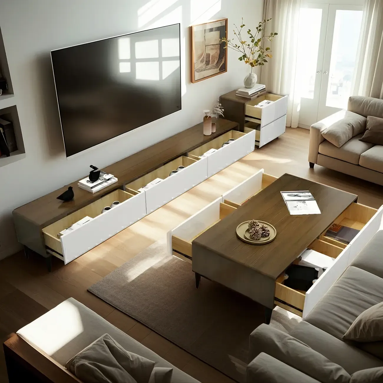 Modern Brown Wooden TV Stand with 3-Drawers for Living Room Image - 3