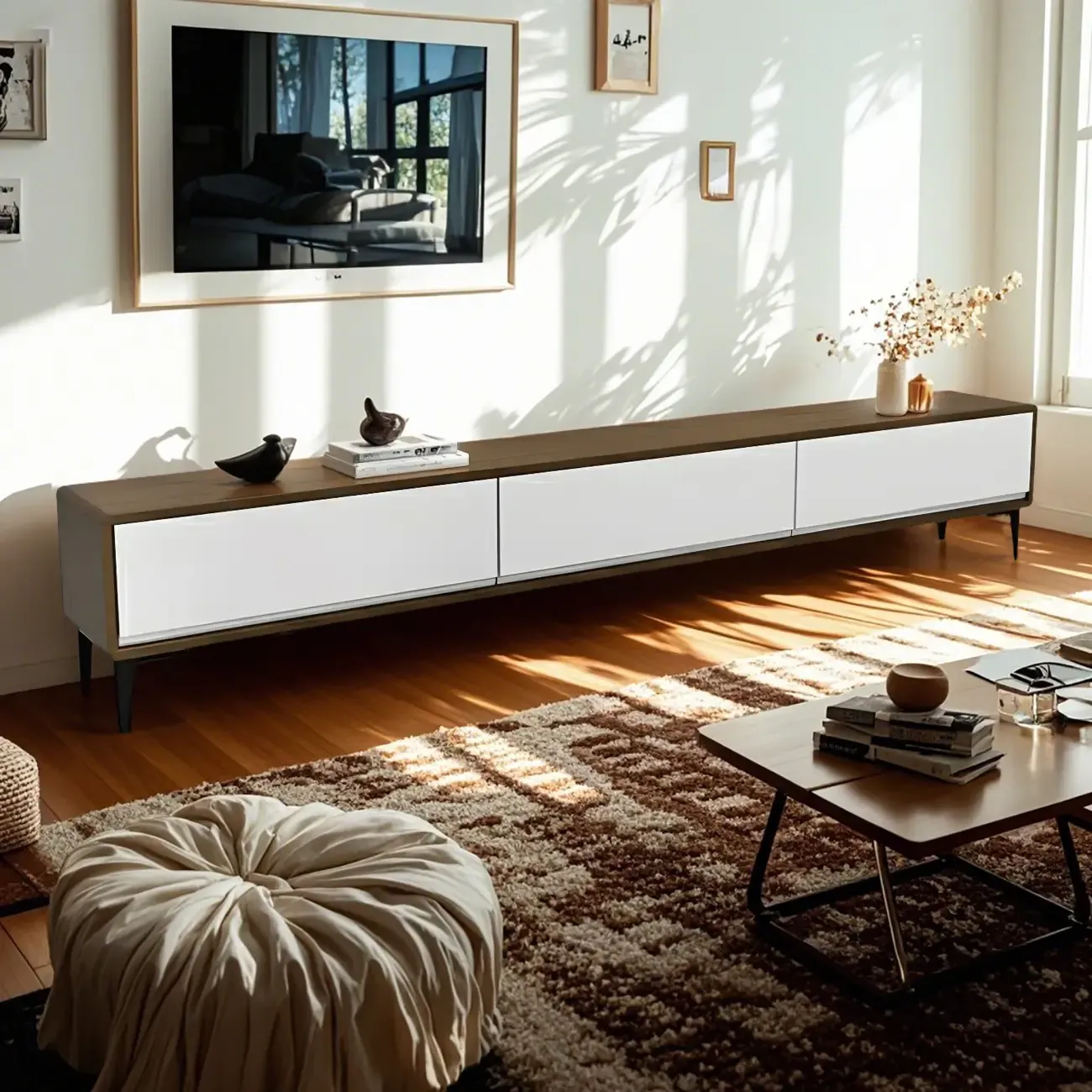 Modern Brown Wooden TV Stand with 3-Drawers for Living Room Image - 1