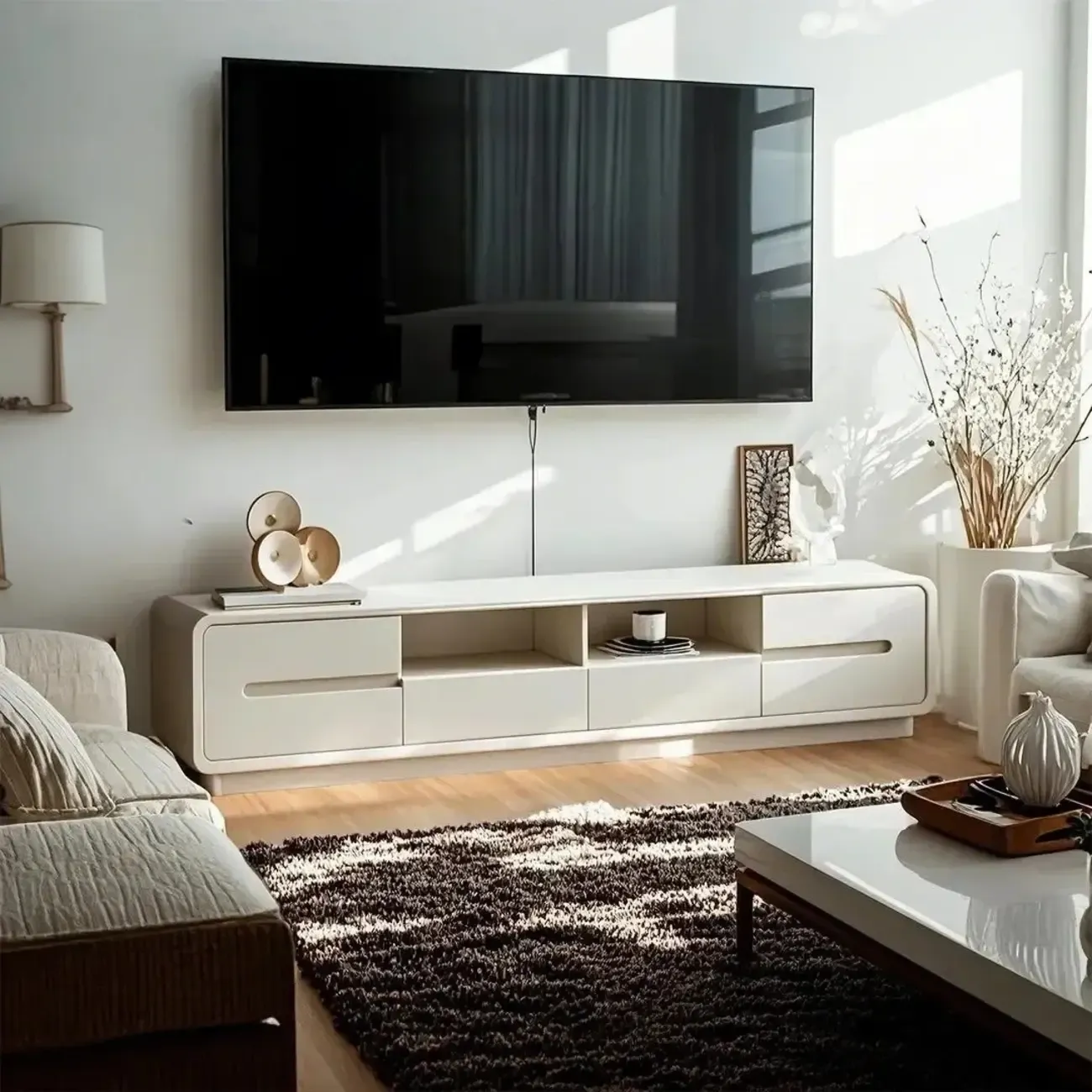 Minimalist White Wooden TV Stand with Open Storage and Drawers Image - 2
