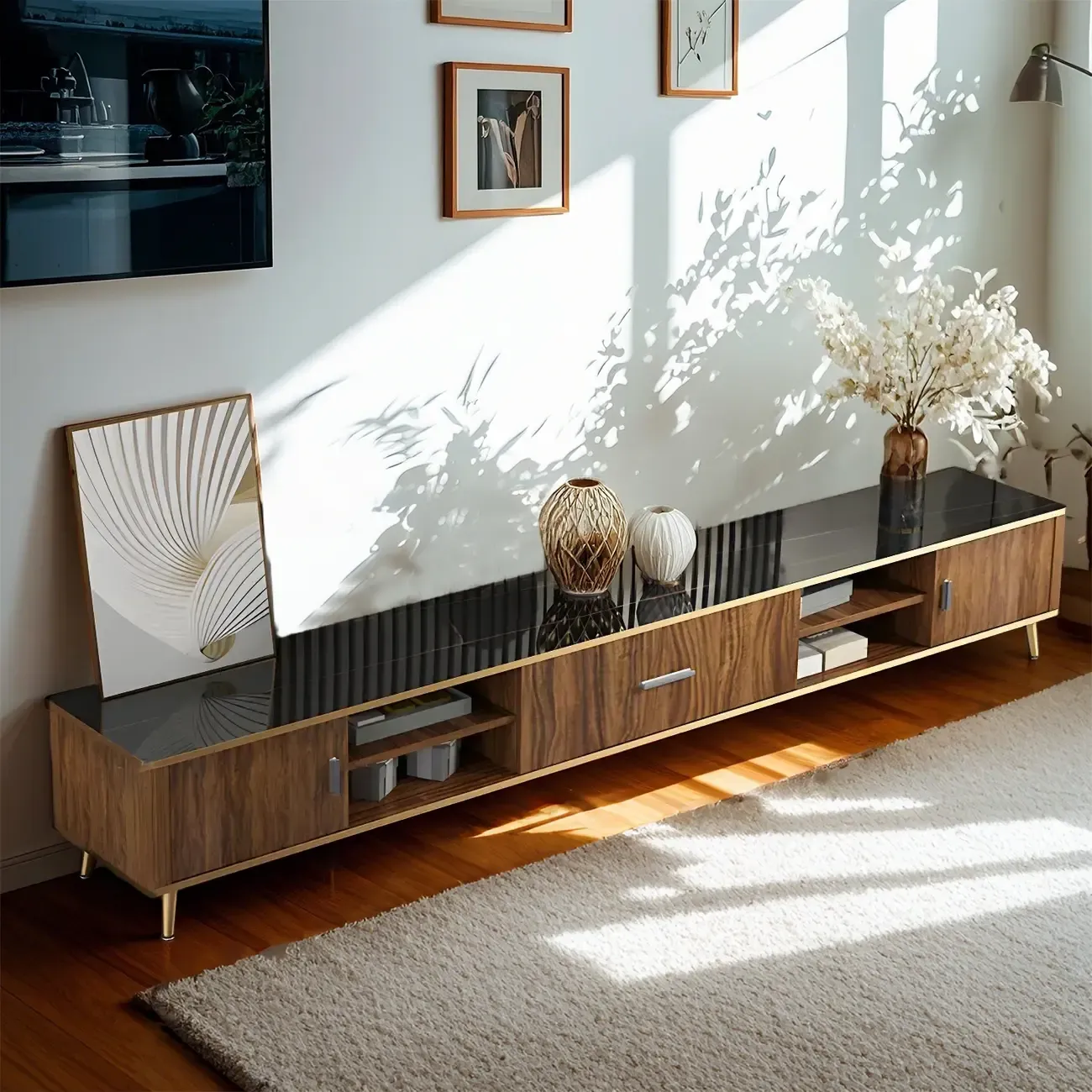 Elegant Stone TV Stand with Golden Legs and Open Storage Image - 1