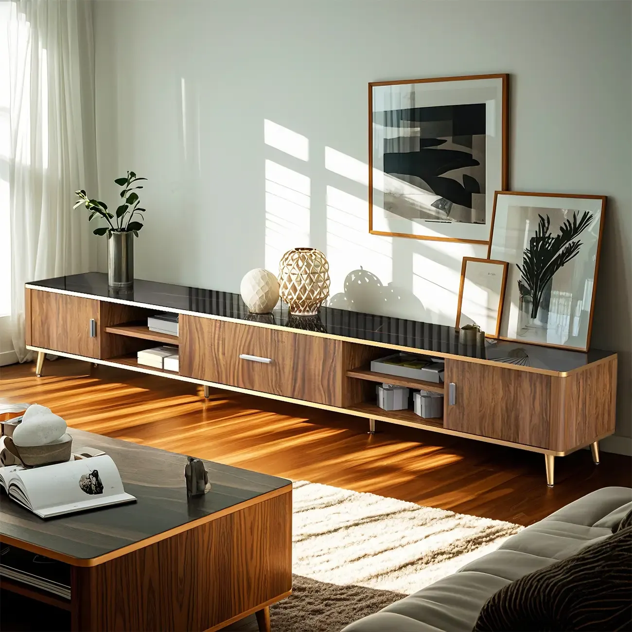 Elegant Stone TV Stand with Golden Legs and Open Storage Image - 2