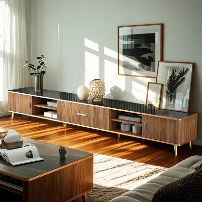 Elegant Stone TV Stand with Golden Legs and Open Storage Image - 2
