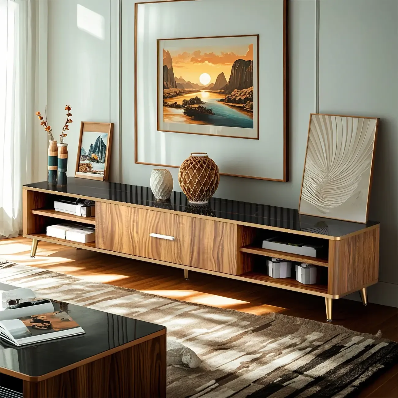 Elegant Stone TV Stand with Golden Legs and Open Storage Image - 3