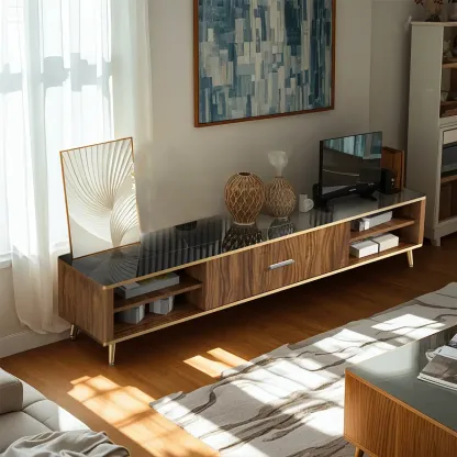 Elegant Stone TV Stand with Golden Legs and Open Storage Image - 4