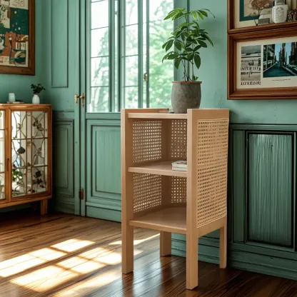 Rustic Natural Wooden Bedside Table with Open Storage Shelves Image - 3