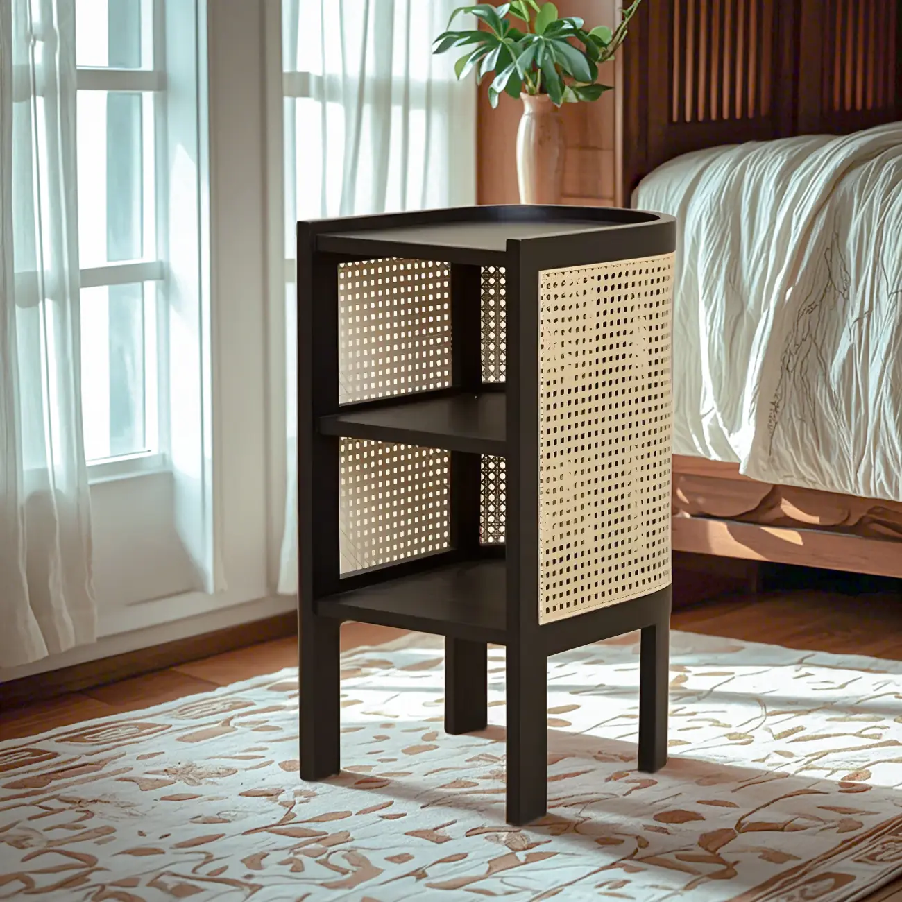 Rustic Natural Wooden Bedside Table with Open Storage Shelves Image - 1 | homeyfad