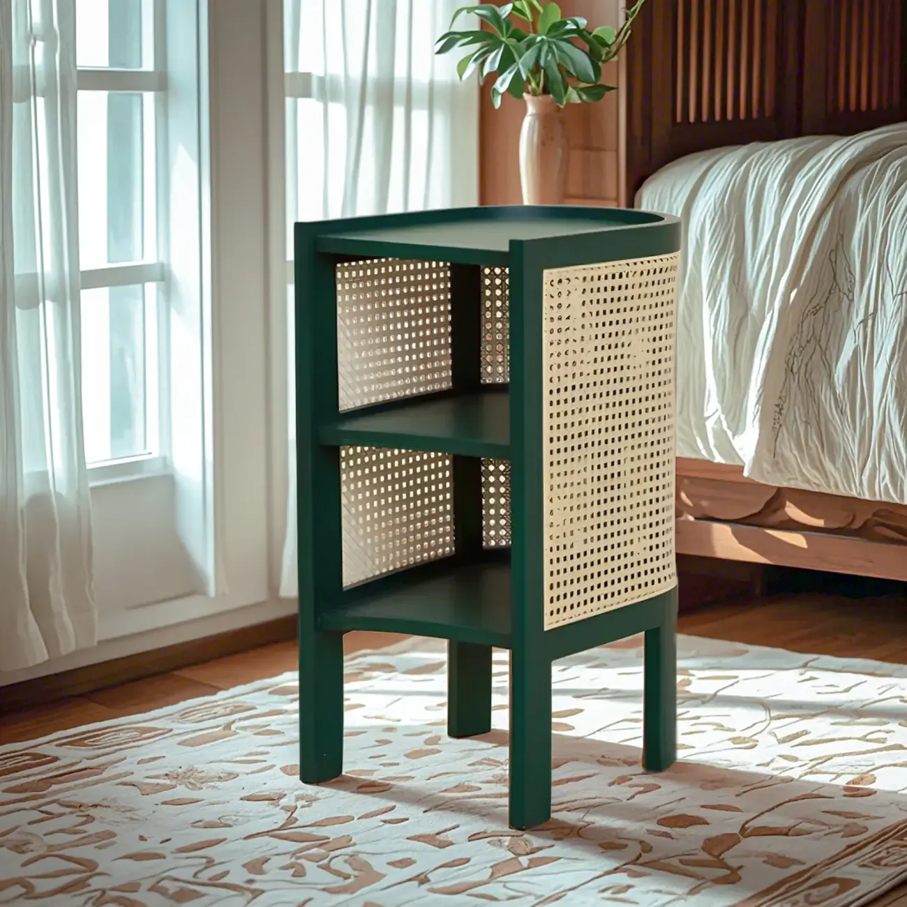 Rustic Natural Wooden Bedside Table with Open Storage Shelves Image - 4