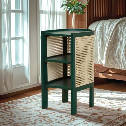 Rustic Natural Wooden Bedside Table with Open Storage Shelves Image - 4