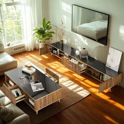 Elegant Stone TV Stand with Golden Legs and Open Storage Image - 5