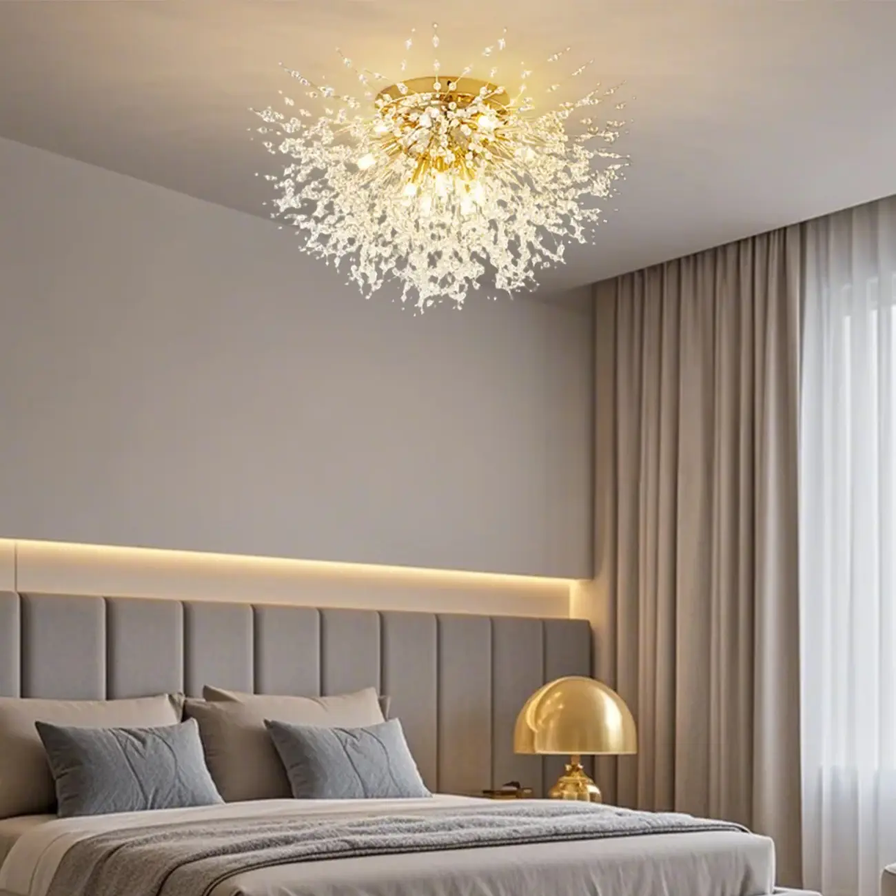 Glamorous Crystal Starburst Gold Semi Flush Ceiling Light Image - 1 | homeyfad
