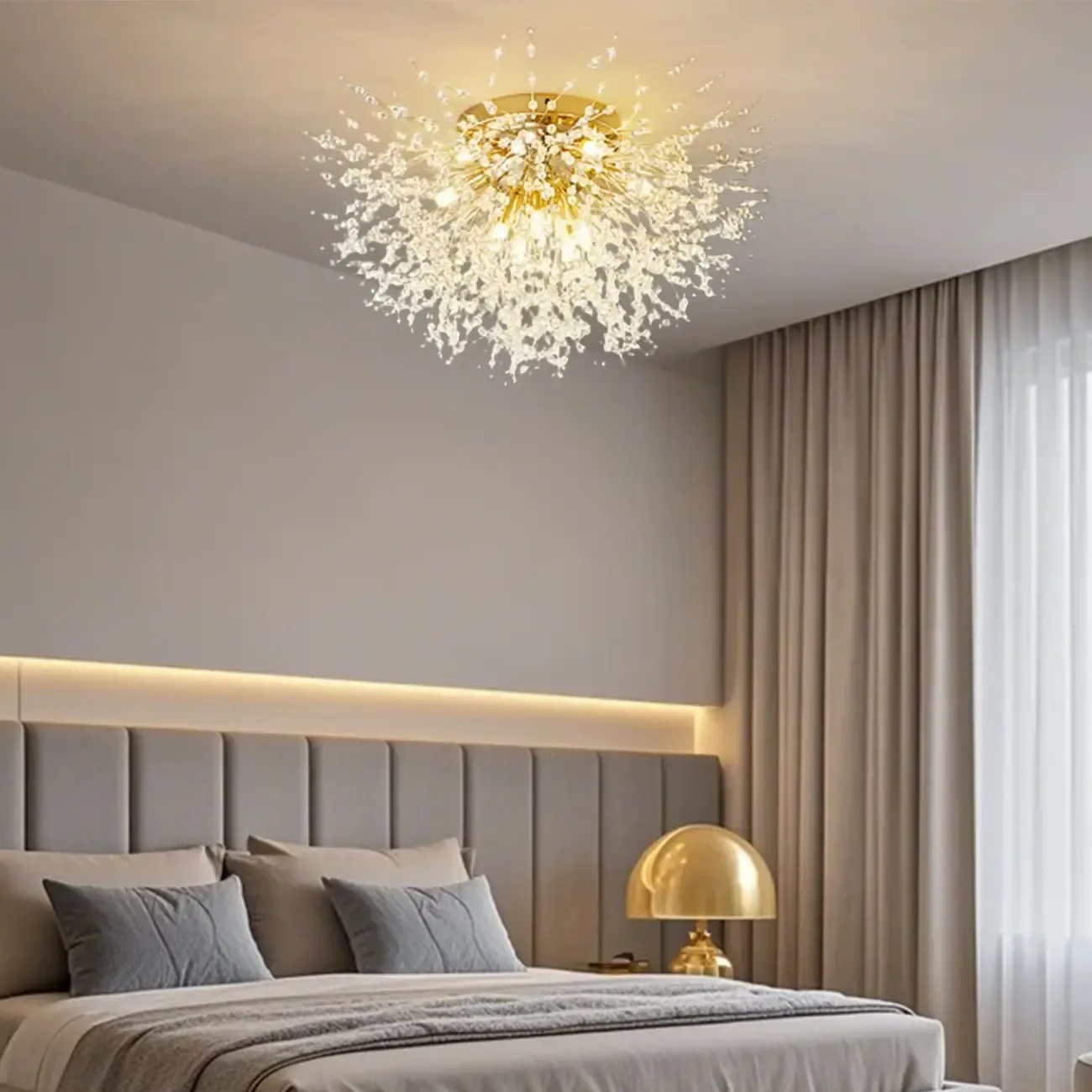 Glamorous Crystal Starburst Gold Semi Flush Ceiling Light Image - 1