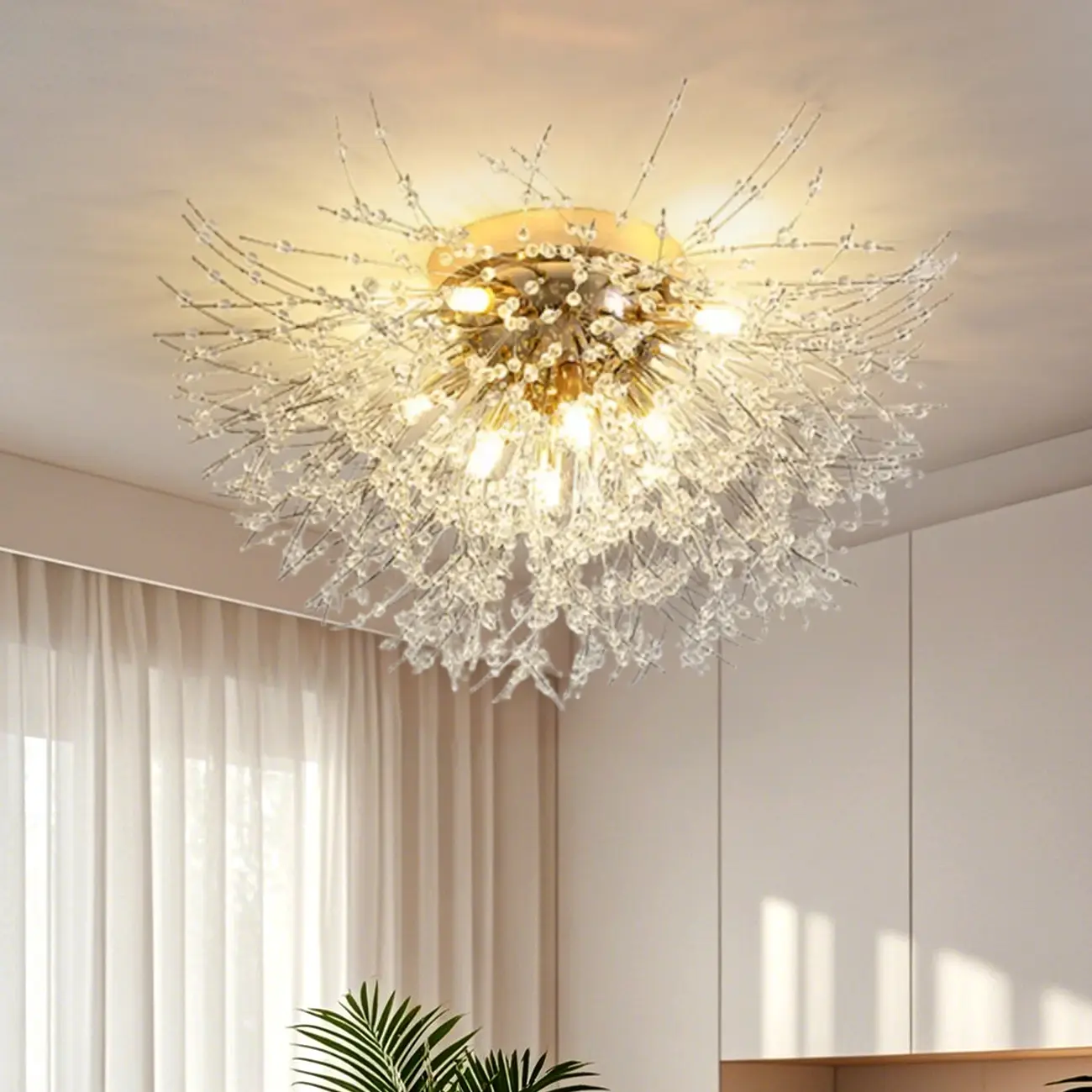 Glamorous Crystal Starburst Gold Semi Flush Ceiling Light Image - 3 | homeyfad