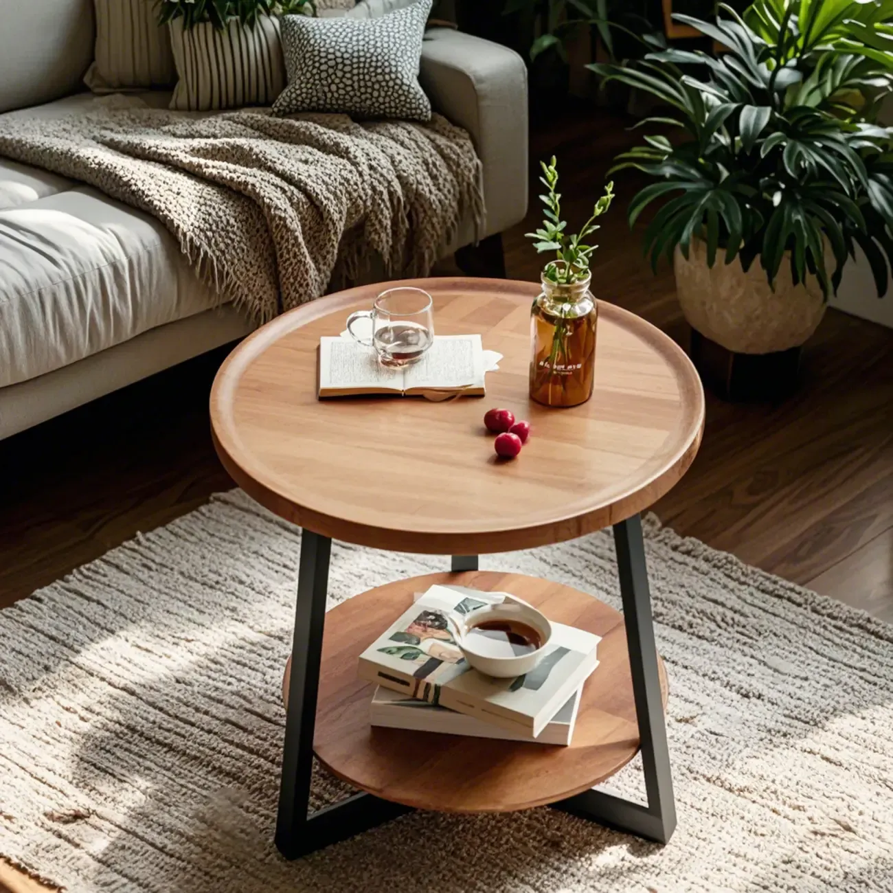 Modern Wooden Top Tray Coffee Table with Cross Legs & Shelf Image - 1
