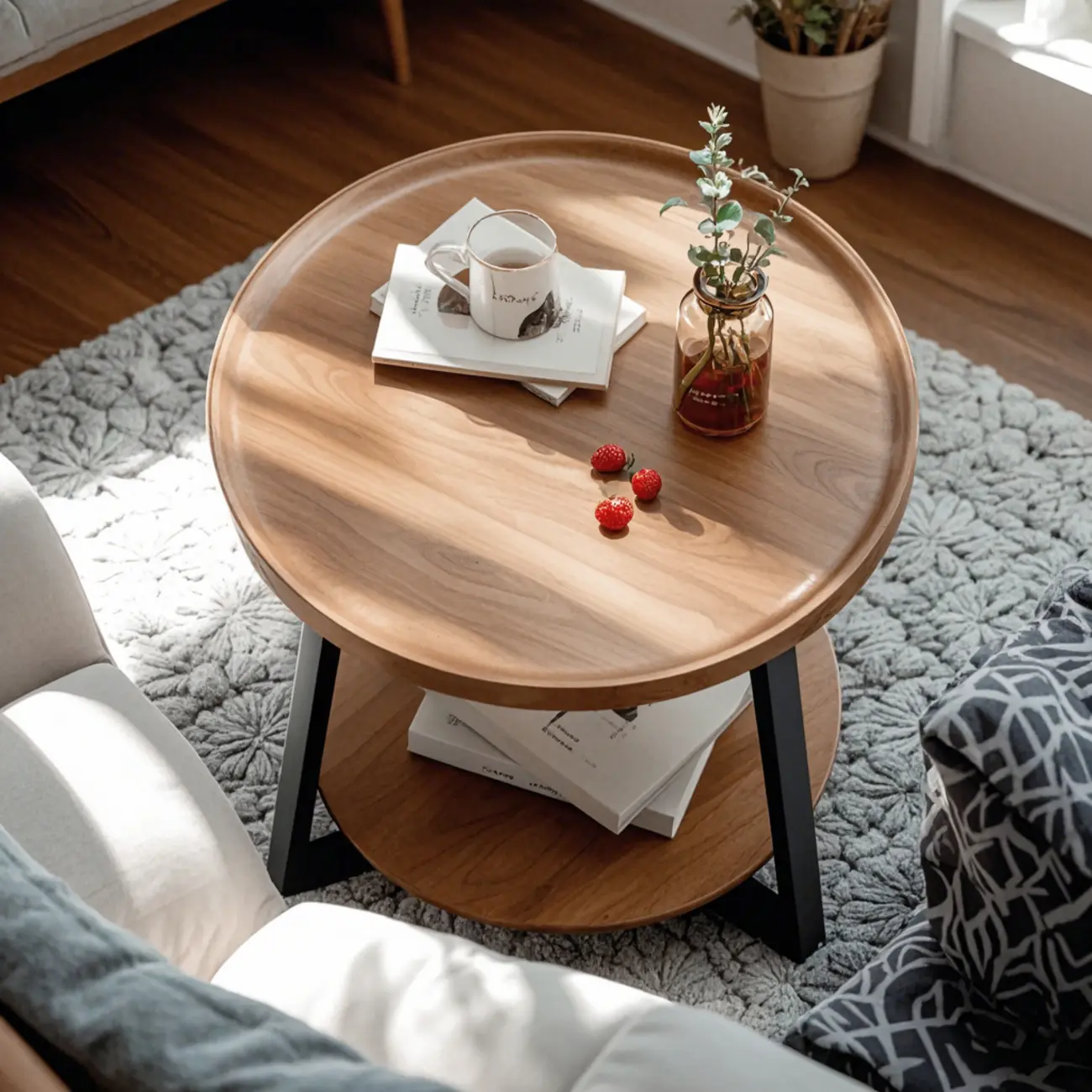 Modern Wooden Top Tray Coffee Table with Cross Legs & Shelf Image - 2 | homeyfad