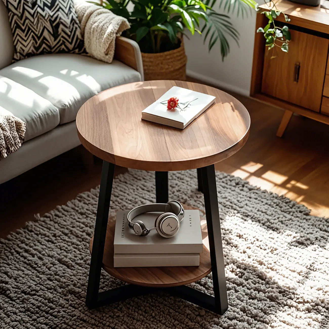Modern Wooden Top Tray Coffee Table with Cross Legs & Shelf Image - 3 | homeyfad