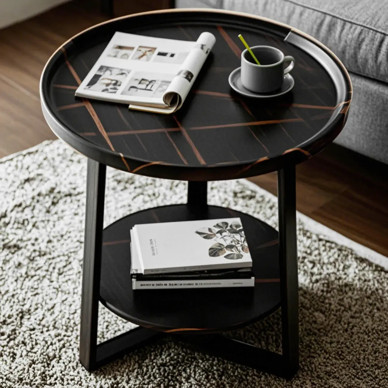 Modern Wooden Top Tray Coffee Table with Cross Legs & Shelf Image - 8