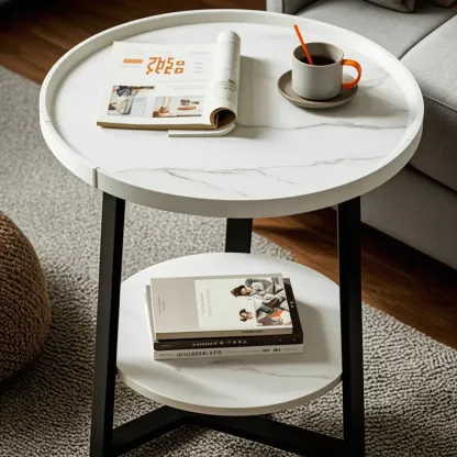 Modern Wooden Top Tray Coffee Table with Cross Legs & Shelf Image - 9
