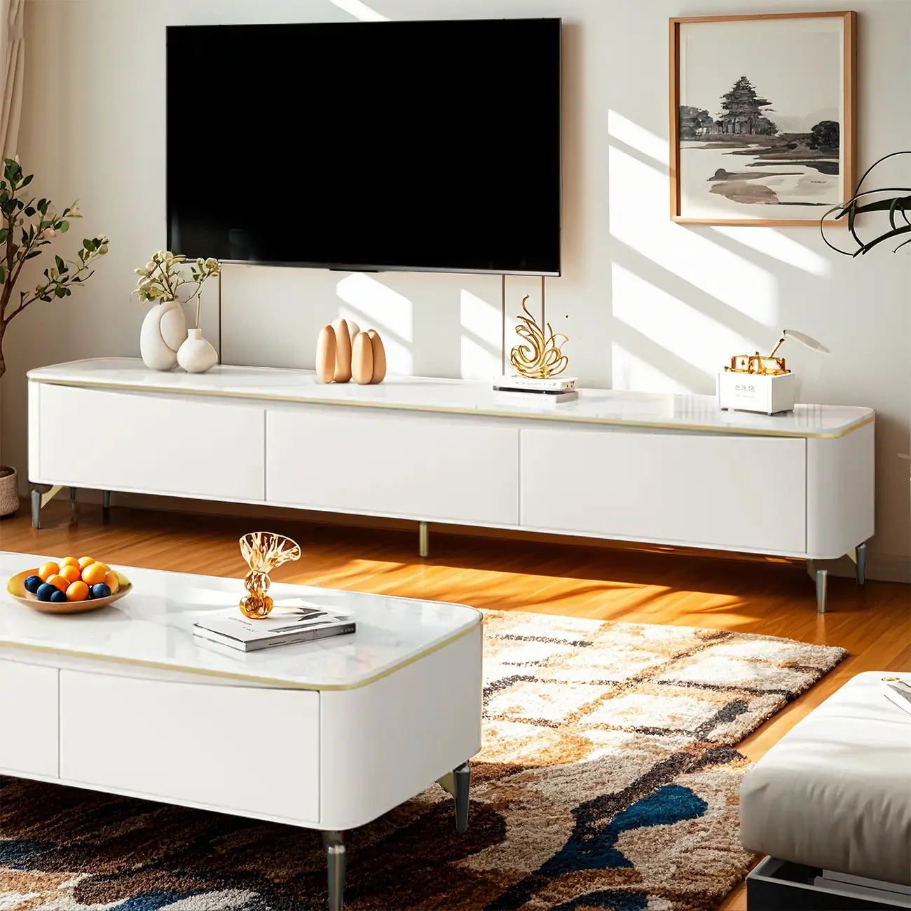 Modern TV Stand with Stone Top and Drawers for Living Room Image - 1 | homeyfad
