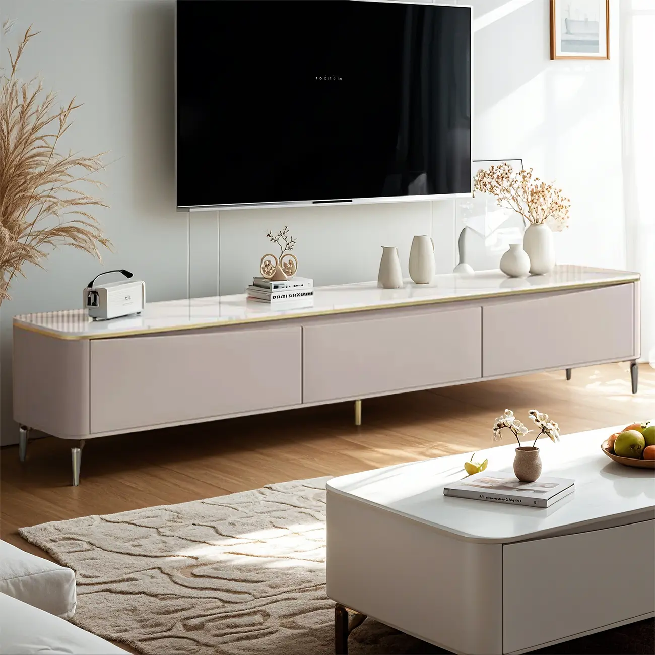 Modern TV Stand with Stone Top and Drawers for Living Room Image - 2 | homeyfad