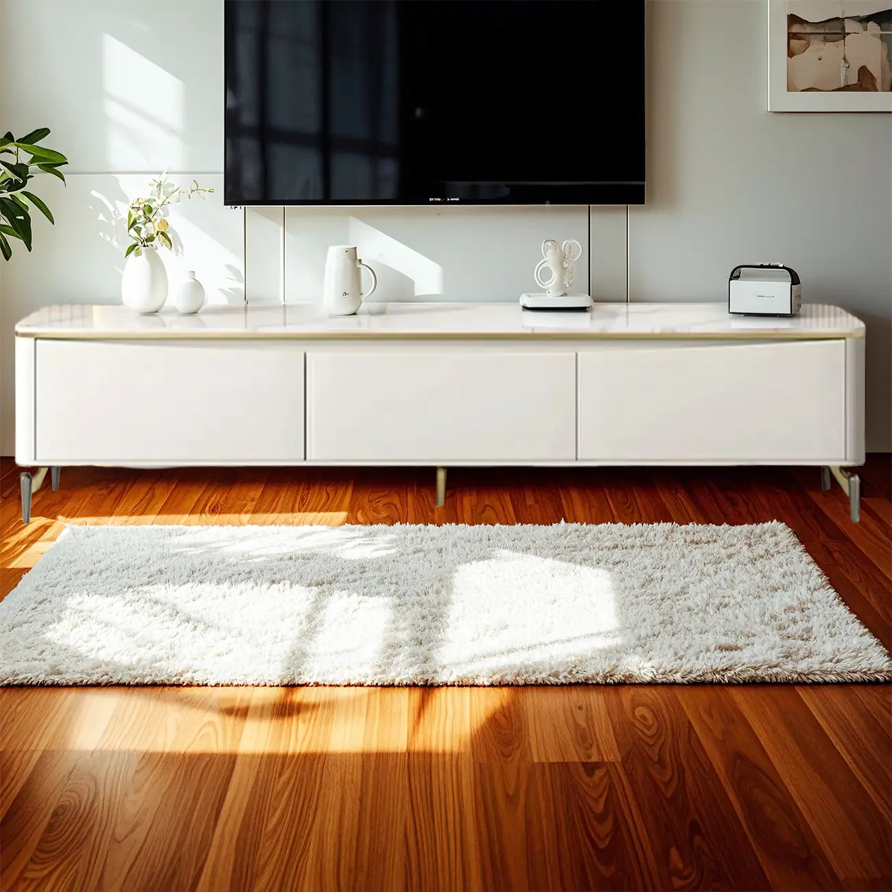 Modern TV Stand with Stone Top and Drawers for Living Room Image - 3 | homeyfad